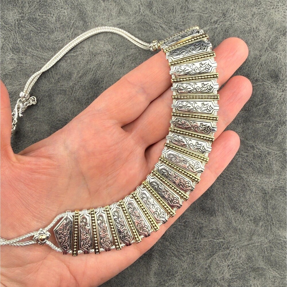 Vintage Monet Silver-Gold-Tone Etruscan Style Bib Collar Necklace Boho Tribal - Picture 5 of 14